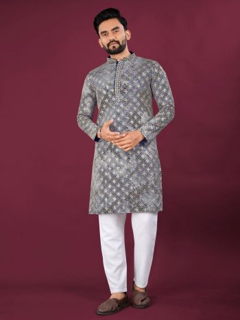 NEW ARRIVAL VISCOSE RAYON CHIKANKARI LUCKNOWI SCHIFFLI WORK MEN'S KURTA PAYJAMA  BLUE