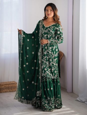 RICH LOOK CHINON SILK THREAD WITH SEQUENCE WORK TOP SHARARA WITH DUPATTA  GREEN