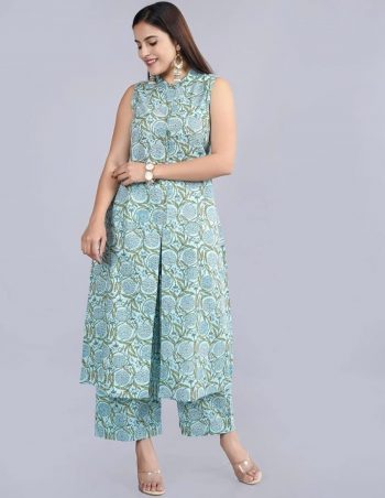 RICH LOOK COTTON SILK MILL PRINTED TOP PALAZZO SET SKY