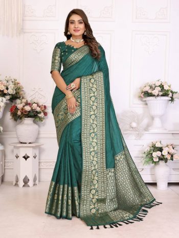 RICH LOOK DOLA SILK KANCHI BORDER AND CONTRAST ZARI WEAVING BORDER WORK SAREE WITH UNSTITCHED BLOUSE GREEN