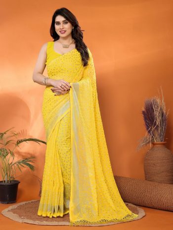 RICH LOOK GEORGETTE FOIL PRINTED SAREE WITH UNSTITCHED BLOUSE YELLOW