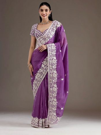 RICH LOOK GOLD CRUSH EMBROIDERY CODDING AND SEQUENCE WORK SAREE WITH UNSTITCHED BLOUSE PURPLE