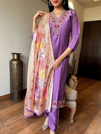 TRANDING VISCOSE CHANDERI SEQUENCE CODING EMBROIDERY WORK TOP BOTTOM WITH DUPATTA LAVENDER