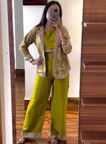 DESIGNER CHINON EMBROIDERY SEQUENCE WORK BLOUSE PALAZZO WITH KOTI LEMON