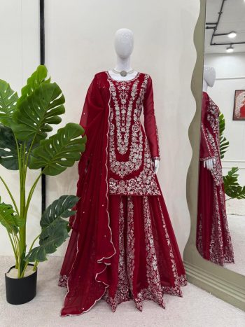 DESIGNER GEORGETTE THREAD WITH SEQUENCE WORK TOP PALAZZO WITH DUPATTA  RED