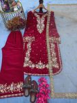 DESIGNER SEQUENCE AND ZARI EMBROIDERY WITH PEARL AND DIAMOND HANDWORK TOP PALAZZO WITH DUPATTA RED