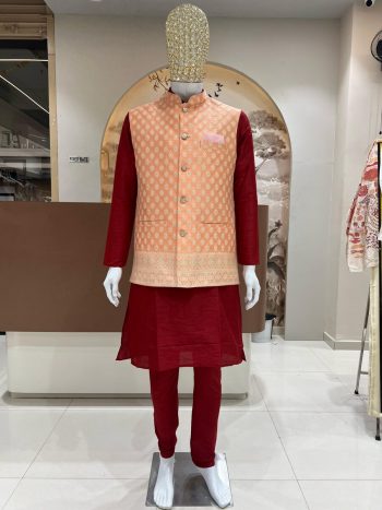 DESIGNER SILK JACQUARD MEN'S KURTA PAYJAMA WITH KOTI  PEACH