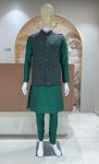 DESIGNER SILK JACQUARD MEN'S KURTA PAYJAMA WITH KOTI GREEN