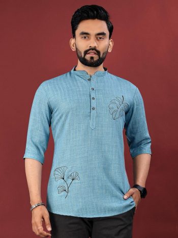 FANCY COTTON HAND WOVEN MEN'S SHORT KURTA SKY