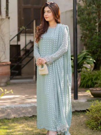 FANCY GEORGETTE EMBROIDERY ZARI AND  SEQUENCE WITH PEARL MOTI HANDWORK  TOP BOTTOM WITH DUPATTA  SKY