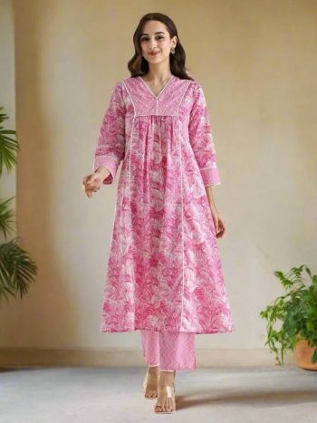 FANCY RAYON SLUB PRINTED WITH MOTI AND LACE WORK TOP BOTTOM SET PINK