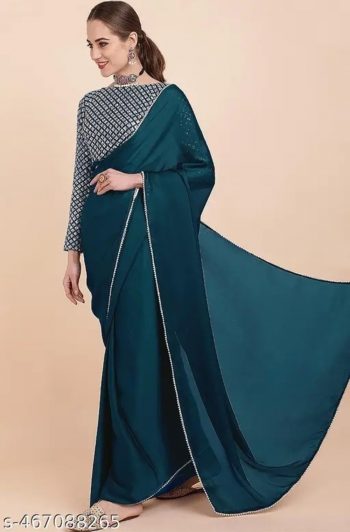 FANCY STAR GEORGETTE PEARL LACE BORDER WORK SAREE WITH UNSTITCHED BLOUSE  TEAL