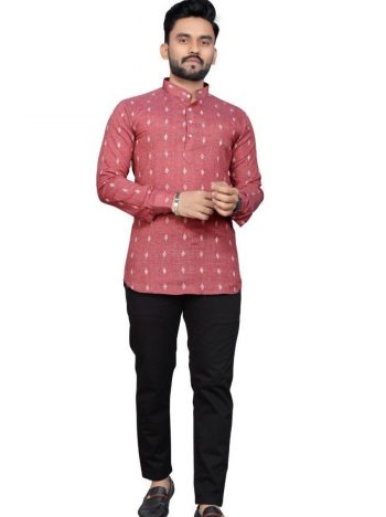LATEST COTTON SLUB PRINTED MEN'S SHORT KURTA  PINK