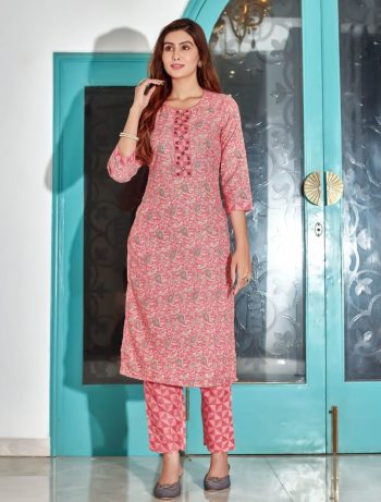 NEW ARRIVAL COTTON BLEND FOIL PRINT AND MIRROR WORK  TOP PANT SET  PINK
