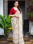 NEW ARRIVAL GEORGETTE WARLI PRINT WITH LACE BORDER WORK SAREE WITH UNSTITCHED BLOUSE  WHITE