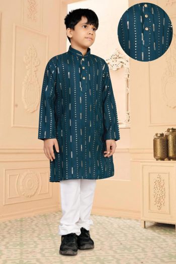 NEW ARRIVAL SOFT COTTON THREAD AND SEQUENCE WORK KID'S KURTA PAYJAMA  RAMA