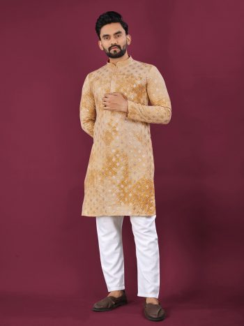 NEW ARRIVAL VISCOSE RAYON CHIKANKARI LUCKNOWI SCHIFFLI WORK MEN'S KURTA PAYJAMA YELLOW