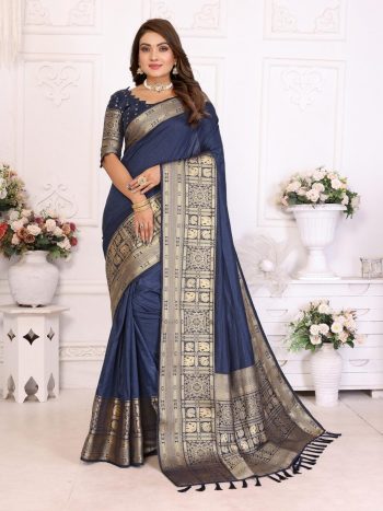 RICH LOOK DOLA SILK KANCHI BORDER AND CONTRAST ZARI WEAVING BORDER WORK SAREE WITH UNSTITCHED BLOUSE NAVY BLUE