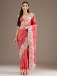 RICH LOOK GOLD CRUSH EMBROIDERY CODDING AND SEQUENCE WORK SAREE WITH UNSTITCHED BLOUSE RED