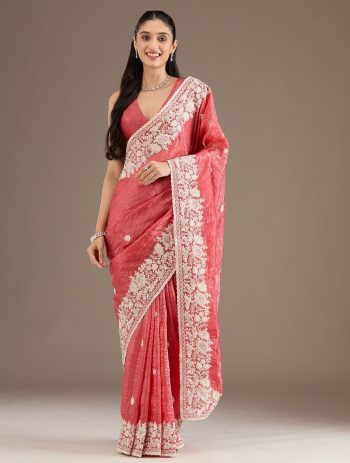 RICH LOOK GOLD CRUSH EMBROIDERY CODDING AND SEQUENCE WORK SAREE WITH UNSTITCHED BLOUSE RED