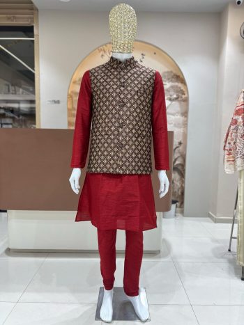 DESIGNER SILK JACQUARD MEN'S KURTA PAYJAMA WITH KOTI  MAROON