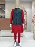DESIGNER SILK JACQUARD MEN'S KURTA PAYJAMA WITH KOTI RED