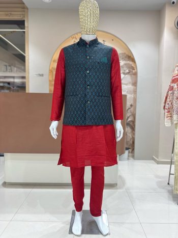 DESIGNER SILK JACQUARD MEN'S KURTA PAYJAMA WITH KOTI RED