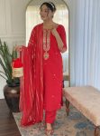 DESIGNER VISCOSE CHANDERI EMBROIDERY WORK TOP BOTTOM WITH DUPATTA RED