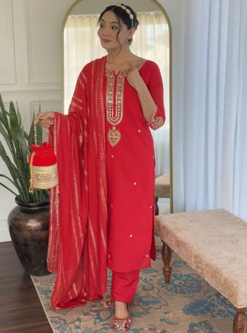 DESIGNER VISCOSE CHANDERI EMBROIDERY WORK TOP BOTTOM WITH DUPATTA RED