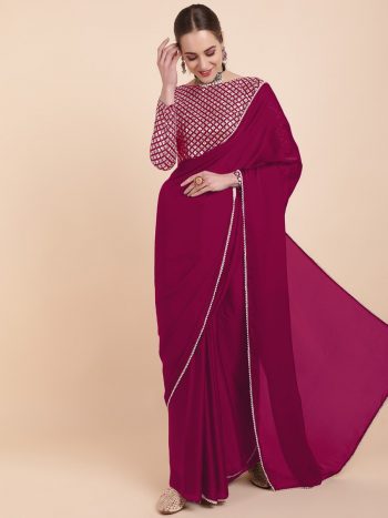 FANCY STAR GEORGETTE PEARL LACE BORDER WORK SAREE WITH UNSTITCHED BLOUSE  PINK