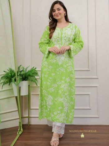 NEW ARRIVAL COTTON CHIKANKARI WORK TOP BOTTOM SET PARROT GREEN
