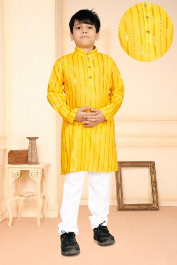 NEW ARRIVAL SOFT COTTON THREAD AND SEQUENCE WORK KID'S KURTA PAYJAMA  YELLOW
