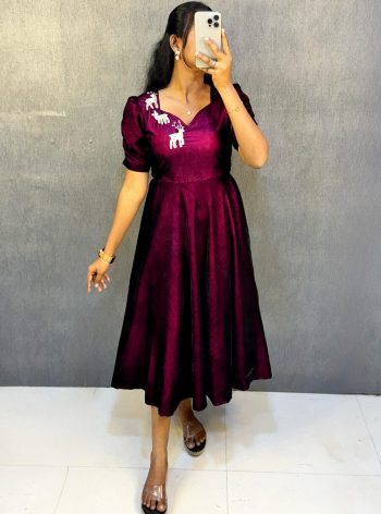 NEW ARRIVAL VELVET HAND WORK ANARKALI GOWN  WINE