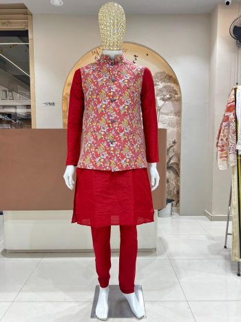 DESIGNER SILK JACQUARD MEN'S KURTA PAYJAMA WITH KOTI  RED