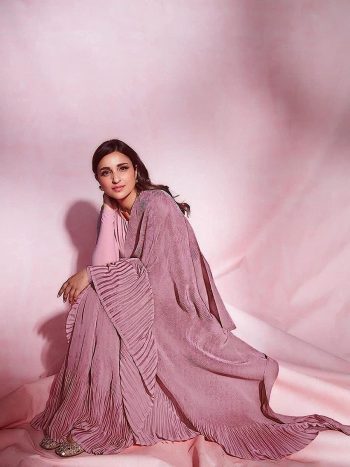 FANCY CHINON CRUSHED SAREE WITH UNSTITCHED BLOUSE  PEACH