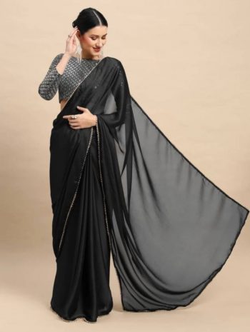 FANCY STAR GEORGETTE PEARL LACE BORDER WORK SAREE WITH UNSTITCHED BLOUSE  BLACK