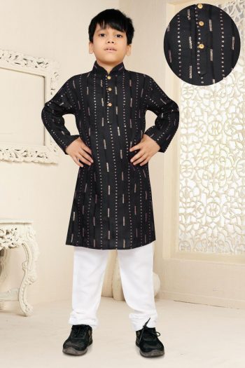 NEW ARRIVAL SOFT COTTON THREAD AND SEQUENCE WORK KID'S KURTA PAYJAMA  BLACK
