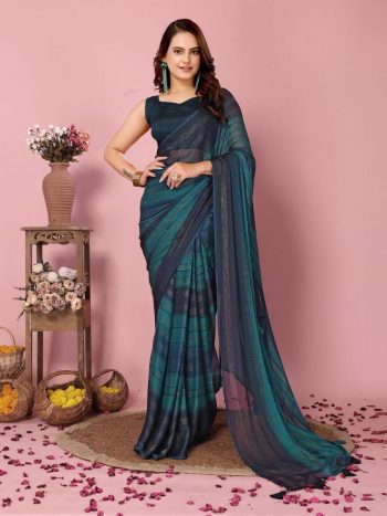 NEW ARRIVAL SOFT NYLON THREE TONE COLOR SHADE READY TO WEAR SAREE WITH UNSTITCHED BLOUSE  TEAL