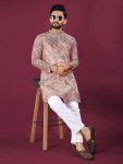 NEW ARRIVAL VISCOSE RAYON CHIKANKARI LUCKNOWI SCHIFFLI WORK MEN'S KURTA PAYJAMA BABY PINK