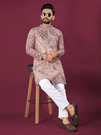 NEW ARRIVAL VISCOSE RAYON CHIKANKARI LUCKNOWI SCHIFFLI WORK MEN'S KURTA PAYJAMA BABY PINK