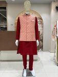 DESIGNER SILK JACQUARD MEN'S KURTA PAYJAMA WITH KOTI  PINK