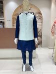 DESIGNER SILK JACQUARD MEN'S KURTA PAYJAMA WITH KOTI BLUE