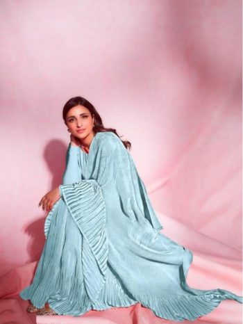 FANCY CHINON CRUSHED SAREE WITH UNSTITCHED BLOUSE  SKY