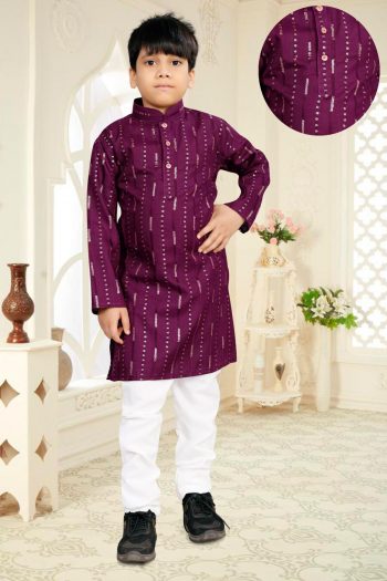 NEW ARRIVAL SOFT COTTON THREAD AND SEQUENCE WORK KID'S KURTA PAYJAMA  WINE
