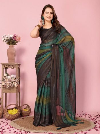 NEW ARRIVAL SOFT NYLON THREE TONE COLOR SHADE READY TO WEAR SAREE WITH UNSTITCHED BLOUSE  GREEN