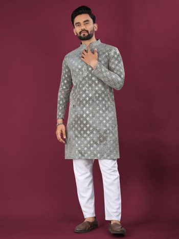NEW ARRIVAL VISCOSE RAYON CHIKANKARI LUCKNOWI SCHIFFLI WORK MEN'S KURTA PAYJAMA  GREY