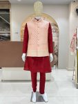DESIGNER SILK JACQUARD MEN'S KURTA PAYJAMA WITH KOTI  PEACH