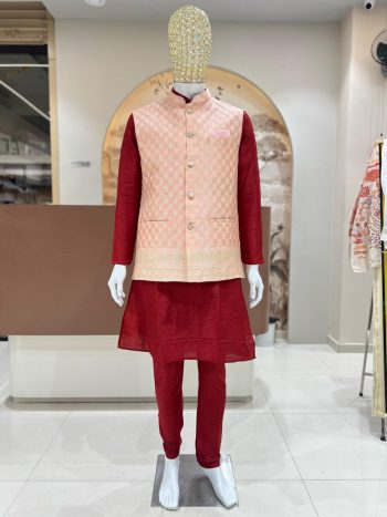 DESIGNER SILK JACQUARD MEN'S KURTA PAYJAMA WITH KOTI  PEACH