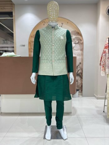 DESIGNER SILK JACQUARD MEN'S KURTA PAYJAMA WITH KOTI GREEN