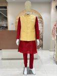 DESIGNER SILK JACQUARD MEN'S KURTA PAYJAMA WITH KOTI  YELLOW
